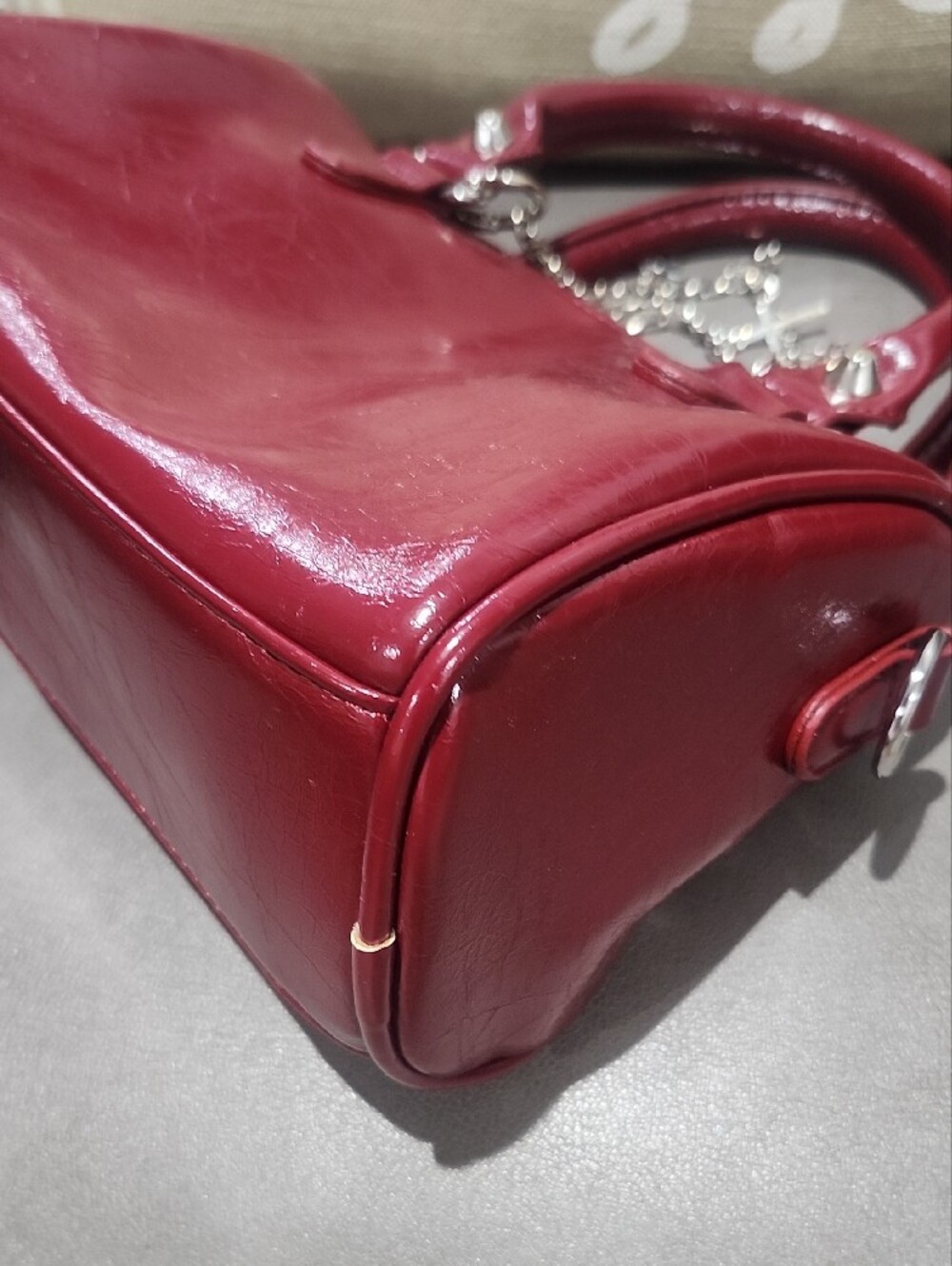 Glossy Vegan Leather Burgundy Dome Satchel/Crossbody Wirh Charm - Picture 8 of 11